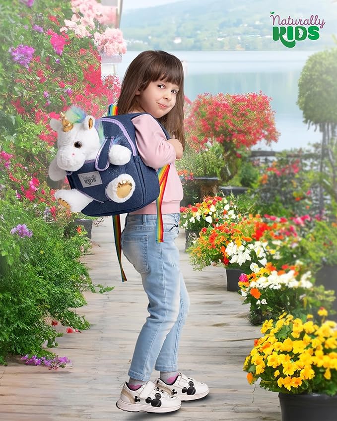 Naturally KIDS 【Upgraded】 Toddler Backpack w Removable Unicorn Toy for Girls Age 2-6 | Side & Inner Pockets, Reflective Logo, Name Tag, Sparkly Denim | Cute Christmas Gifts