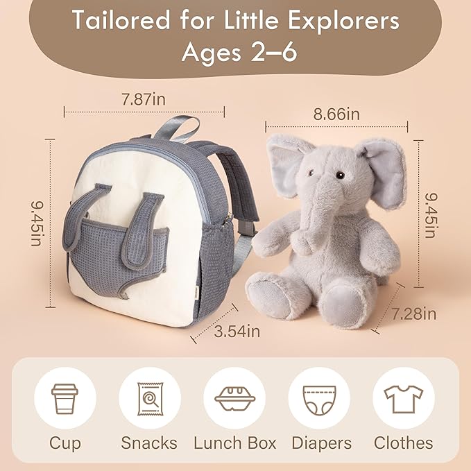 Moonkie Hug & Go™ Elephant Toddler Backpack – Soft Plush Bag with Take-Along Toy for Boys Aged 2–4 | Ideal for Daycare | Travel & Birthday Gifts
