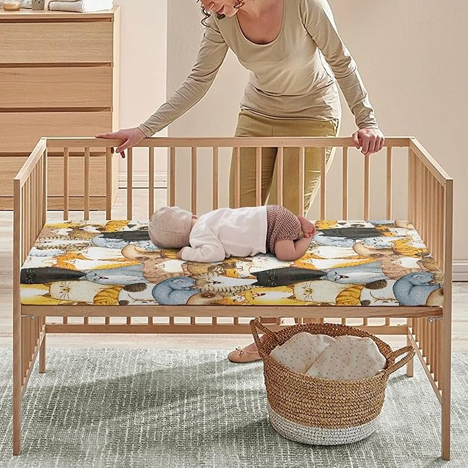 Colorful Cats Fitted Crib Sheet for Boys Girls Cute Animal Kittens Baby Sheet for Standard Crib and Toddler Cartoon Cat Nursery Bed Mattress Sheets 28"x52"