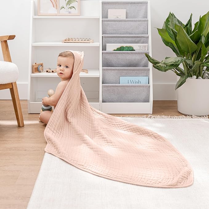 Comfy Cubs Hooded Baby Towel 2-Pack, Large 32 x 32 Inch - 6 Layer 100% Muslin Cotton for Babies, Toddlers and Kids - Soft & Absorbent Baby Bath Towels - Unisex Design for Bath Time - Blush