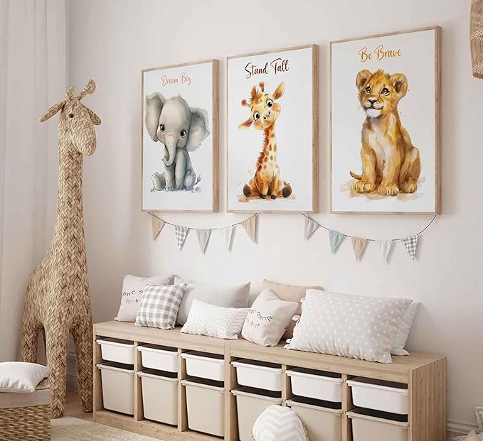 3 Pcs Safari Nursery Canvas Wall Art Kids Cute Inspirational Animal Lion Giraffe Elephant Painting Picture Wall Decor Poster Print Artwork for Baby Boys and Girls Room Home Decoration Unframed