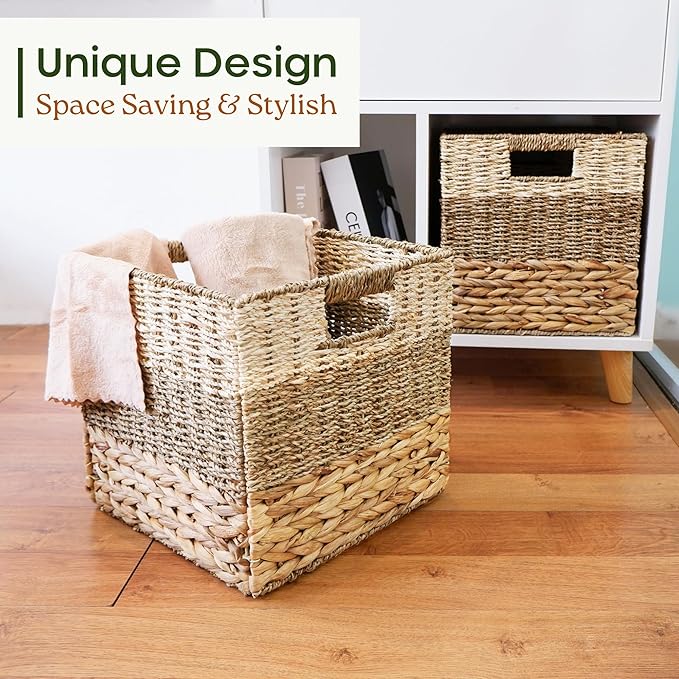 CHI AN HOME 13x13x13 Storage Cube Bins Wicker Storage Basket for Cube Shelf, Natural Foldable Square Baskets for Storage, Large Woven Cube Storage Bin with Handle, Baskets for Pantry, Bedroom Set of 4