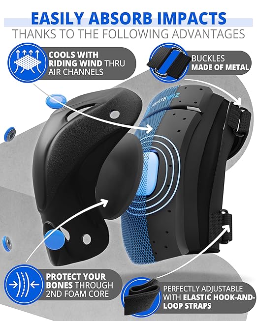 SKATEWIZ Knee Pads for Kids - Knee and Elbow Pads Set - PROTECT-1 - Size M Blue - Wrist Guards Skating Protective Gear, Skateboard, Roller Skate, Ice Skates For Kids