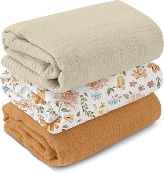 GLLQUEN BABY Muslin Swaddle Blankets,3-Pack Receiving Blanket for Newborn Boys and Girls,Baby Swaddle Blanket Unisex,Pastoral Whispers,Baby Essentials, Registry & Gift, 40 x 38 inches