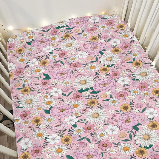 Spring Boho Floral Baby Crib Sheets for Boy Girl 28"x52" Neutral Pink Flowers Leaves Soft Stretchy Fitted Crib Mattress Cover Pastel Peony Daisy Nursery Baby Sheet for Crib & Toddler Bed Mattresses
