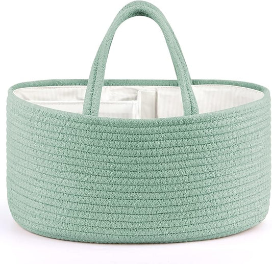 Maliton Diaper Caddy Organizer for Baby, Portable Diaper Storage Organizer for Changing Table and Car, Cotton Rope Nursery Storage Bin Basket for Baby Shower, Newborn Essentials Must Haves - Green