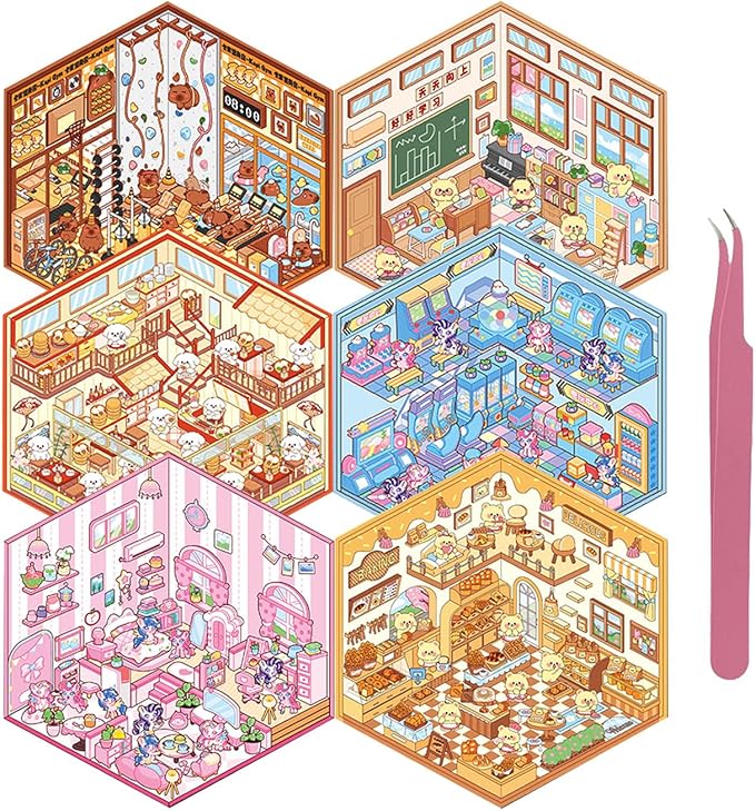 DIY 3D Sticker for Kids, 6 Sets of Cute Stickers for Girls Adult Isometric Sticker Scene Kids Reuseable and Waterproof Stickers, Holiday & Christmas Fun
