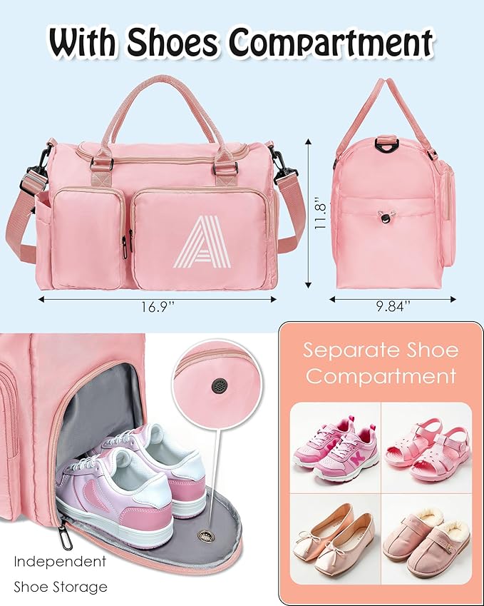 Elilier Girls Gift-Initial Gym Bag for Girls, Kids Travel Duffle Bag, Sports Bag, Personalized Weekender Bag with Shoes Compartment, Girls Gifts for Kids, wedding gifts for couples 2025