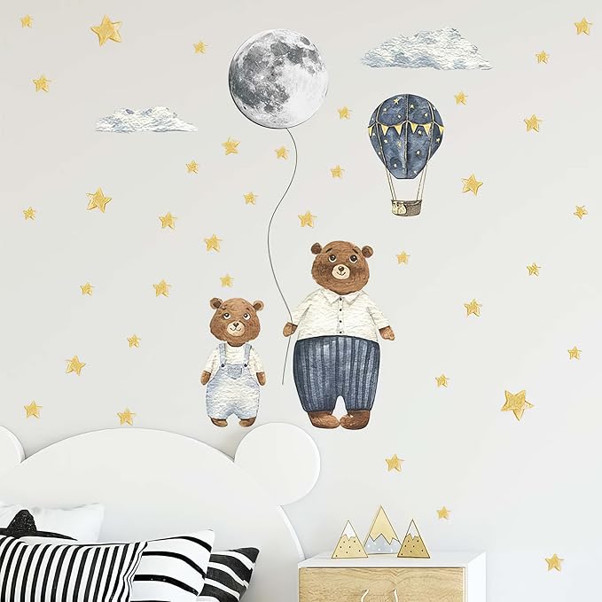 Ollaland Papa & Baby Bear Wall Decals - Peel and Stick Bears Hot Air Balloon Stars Moon Clouds Wall Stickers, Decor for Baby Nursery, Toddler & Kids Bedroom Walls (Bears)