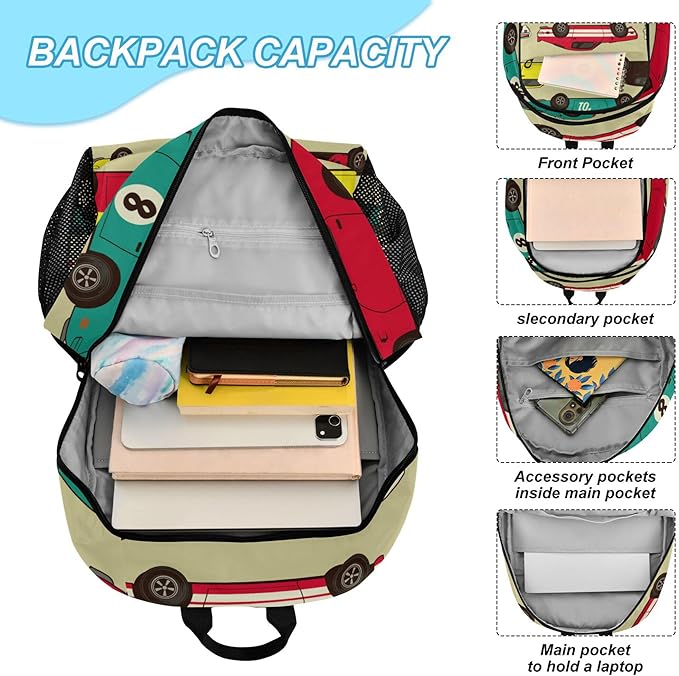 Jucciaco Vintage Car Racecar Backpack with Lunch Bag, School Backpack for Teens Boys Girls Kids Backpacks Set