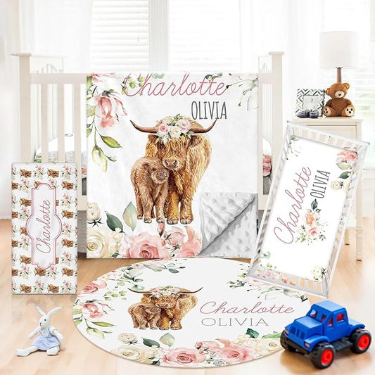 Personalized Crib Bedding Set - 4 Piece Custom Gift Big Highland Cow Crib Bed Set with Name, Soft Double Layer Blanket Set for Infant Baby Girl, Nursery Bedding Set for Toddler Boys