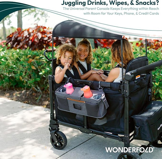WONDERFOLD Universal Parent Console Stroller Organizer with Insulated Cup Holders, Hook & Loop Closure Handle Attachment, 2 Storage Pockets, Removable Shoulder Strap for Easy Transport