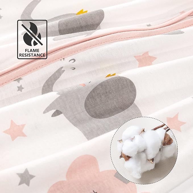 TILLYOU 2 Pack Baby Sleep Sack 12-18 Months 100% Cotton Wearable Blanket 0.5 TOG Sleeveless Summer Sleep Sacks with 2-Way Zipper, Pink Elephant & Cloud