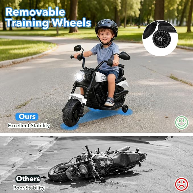 HONEY JOY Toddler Motorcycle, 6V Battery Powered Electric Motorcycle for Kids, Detachable Training Wheels, Music, Foot Pedal, Headlights, Forward/Backward, 3-Wheel Ride On Toy for Boys Girls (White)