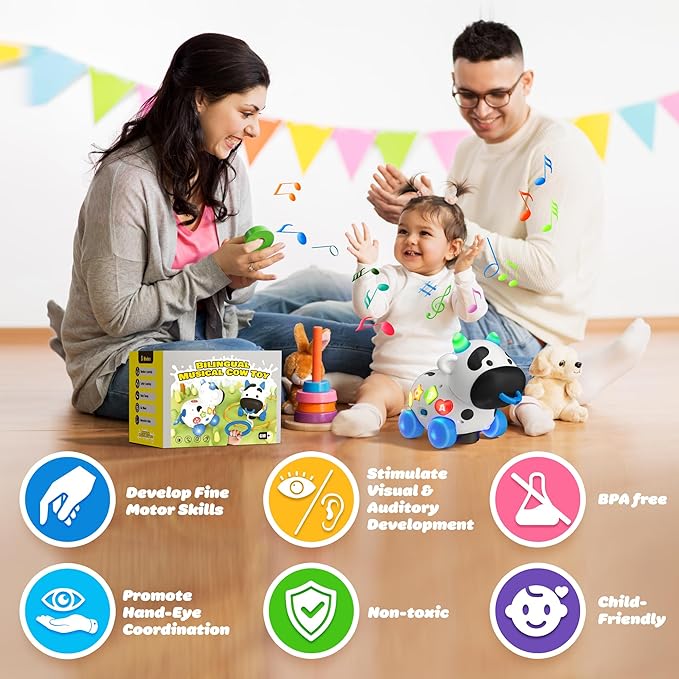Musical Cow Baby Toys 6-12-18 Months, Bilingual Crawling Walking Toddler Educational Learning Toy for 1 Year Old Boy Girl Birthday Gifts, 6 7 8 9 10 12 Month Old