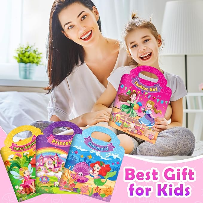 4 Sets Reusable Sticker Books for Toddler, Dress Up Stickers Book for Girls, Arts Crafts Jelly Stickers Travel Toys, Birthday and Christmas Gifts for Kids 3 4 5 6, Princess, Mermaid, Fairy Tale