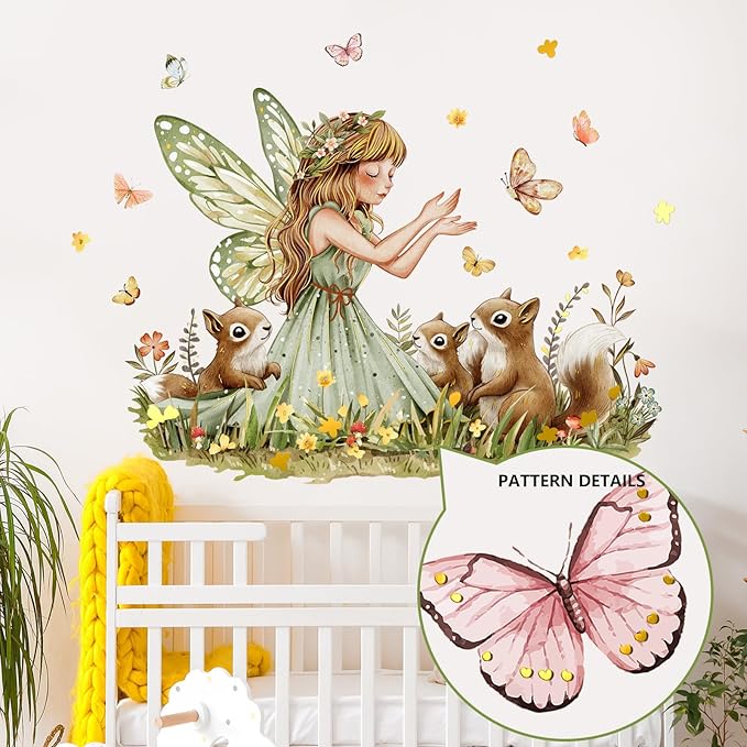 Forest Fairy Squirrel Wall Stickers Wildflower Butterflies Reusable Peel and Stick Wall Clings for Nursery Kids Room Bedroom Home Decor