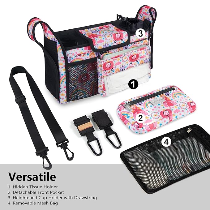 TOPDesign Universal Baby Stroller Organizer, Stroller Caddy with Detachable Mesh Bag & Heightened Insulated Cup Holders & Non-Slip Secure Hooks Accessories, Fits Most Strollers (Pumpkin Princess)