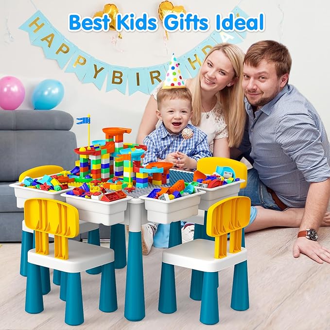 OCATO Toddlers Kids Table and Chair Set: Activity Table with 152Pcs Large Marble Run Building Blocks 4 Chairs Storage All in One Play Sensory Water Tables Sand Tables for Boys Girls 3 4 5 6 Year Old