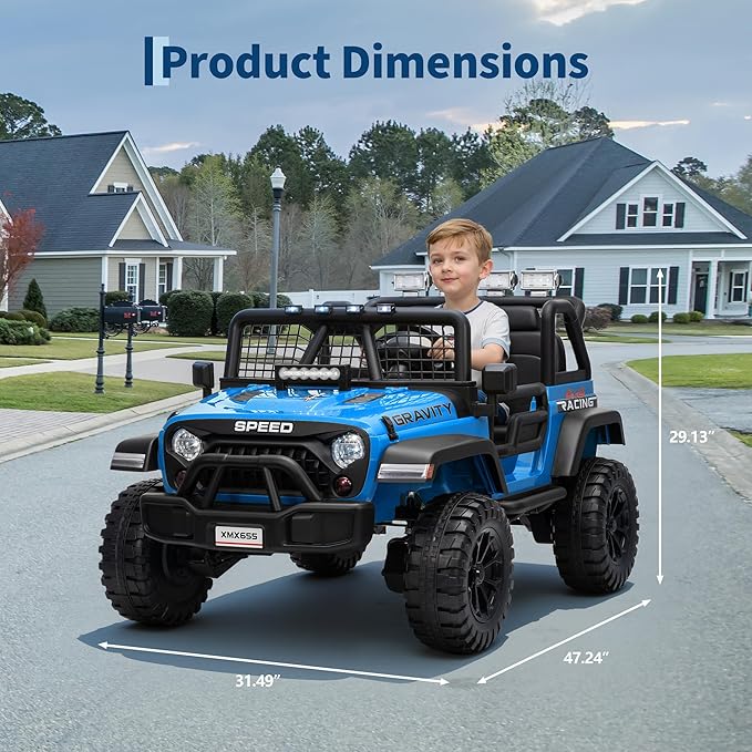 24V 2-Seater Kids Electric Truck with Parent Remote Control, 100Min Ride-on Car, 4WD Dual Motor, 2 Speeds, Spring Shock Absorber, LED Headlights, Siblings Gift Kids Electric Vehicle, Blue