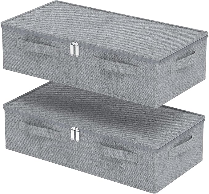ENUMAIL Underbed Storage Box, Foldable Bed Sheet Organizer, Cube Bags Container with Lid for Organizing Clothes, Blankets, Comforter, 23.6x11.8x5.9in, Grey, 2 Pack