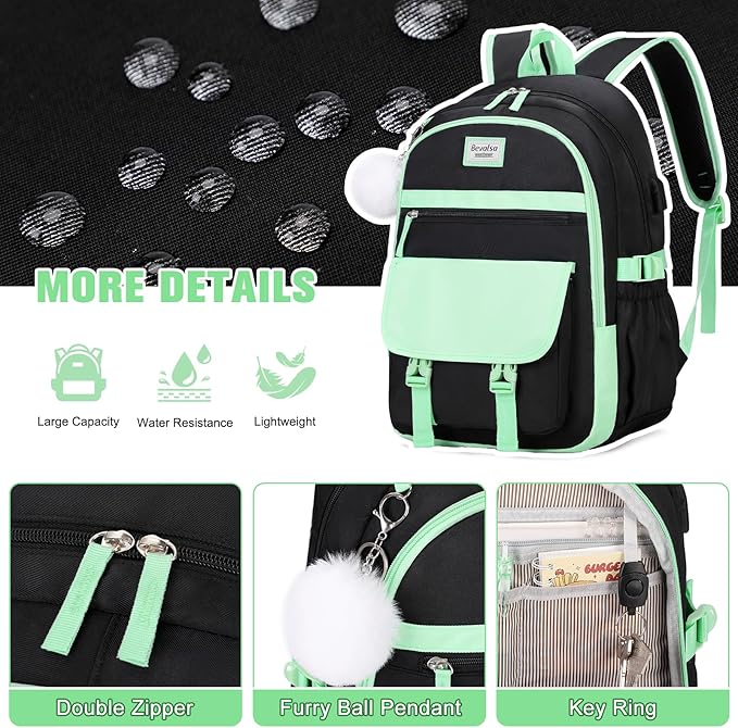 Bevalsa Backpack for Girls, School Backpacks for Girls, Kids Backpack with Lunch Box & Pencil Pouch for Teens Girl Kids Elementary Middle High School College Student Bookbag Daypack (Green Black)