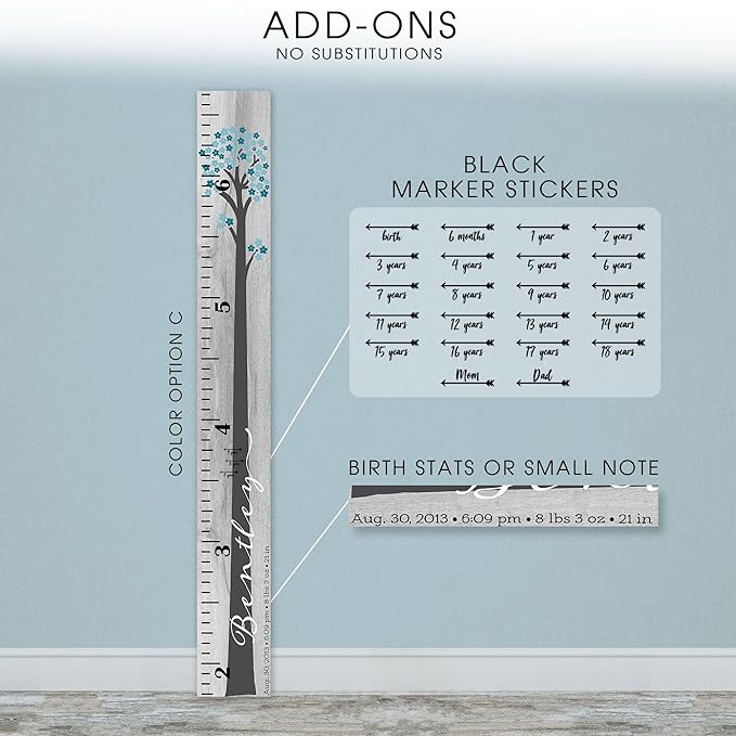 Wooden Kids Growth Height Chart Ruler for Boys and Girls Painted or Engraved (Floral Tree)