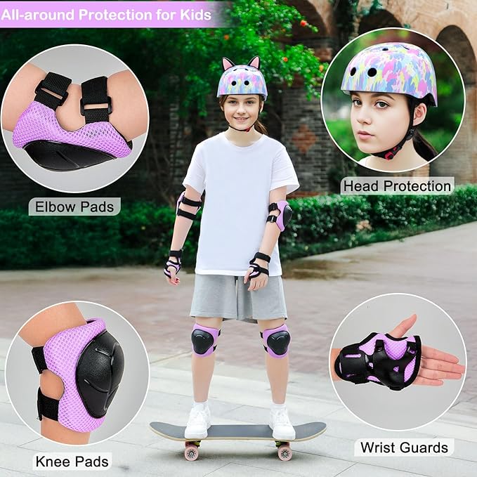Kids Helmet, Bike Helmets for Kids 8-14 with Knee Pads and Elbow Pads Wrist Guards, Adjustable Youth Girls Bike Helmet with DIY Cat Ears Skateboard Helmet for Scooter Skating Cycling
