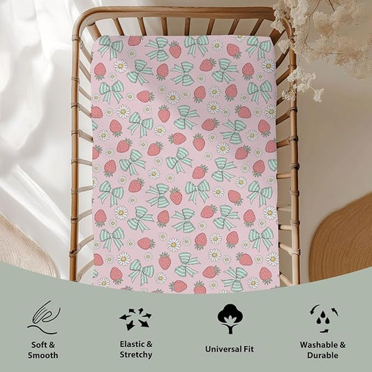Pink Strawberry Green Bows Daisy Baby Crib Sheets for Boy Girl 52x28Inch Strawberries Bows Soft Stretchy Fitted Crib Mattress Covers Cute Summer Fruit Baby Sheet for Standard Crib & Toddler Mattress