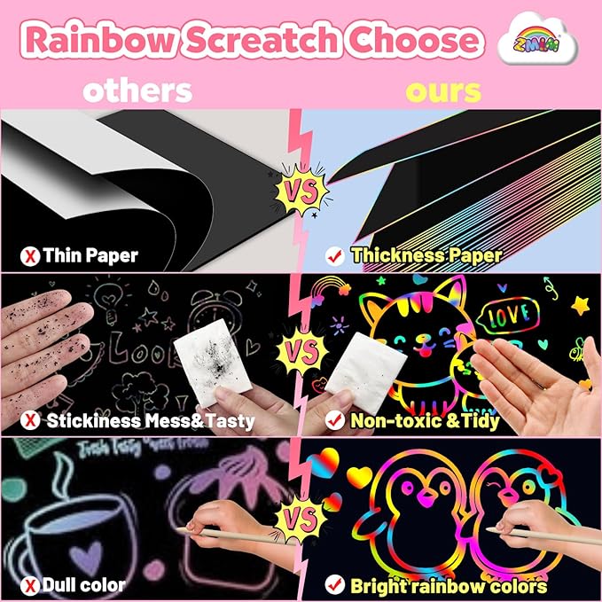 ZMLM Scratch Paper Art Craft: 2 Pack Rainbow Scratch Set for 3 4 5 6 7 8 9 10 Years Old Girls Boys Students Drawing Coloring Black Magic Art Supplies Kits Gifts School Birthday Party Toys (Valentines)