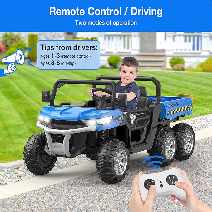 2-Seater Kids Ride On Dump Truck, 75W Electric Ride On UTV Toys with Remote Control, Dump Bed, PP Tire x 6, LED Light & Music, 24V 4WD Power Ride On Truck Car for Boys Girls (Blue)