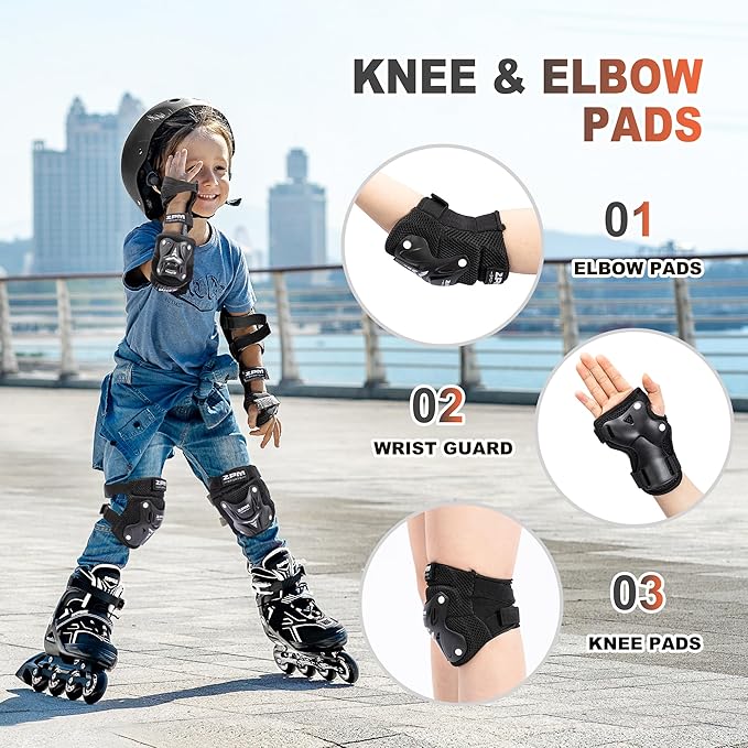 2PM SPORTS Knee Pads for Kids, Wrist Guards Knee and Elbow Pads Set with Drawstring Bag, Protective Gear Set for Girls Boys Roller Skating Cycling Skateboard