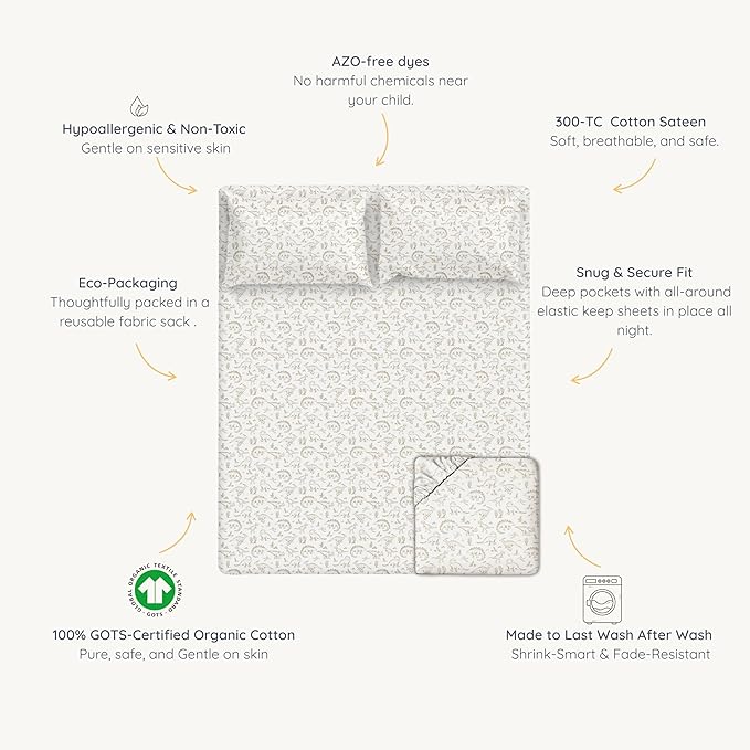 MakeMake Organics Organic Twin Fitted Sheet Set GOTS Certified Organic Cotton Fitted Sheet with 1 Pillowcase Ultra Soft Non Toxic Breathable Hypoallergenic (40"X76", Dino Dreams)