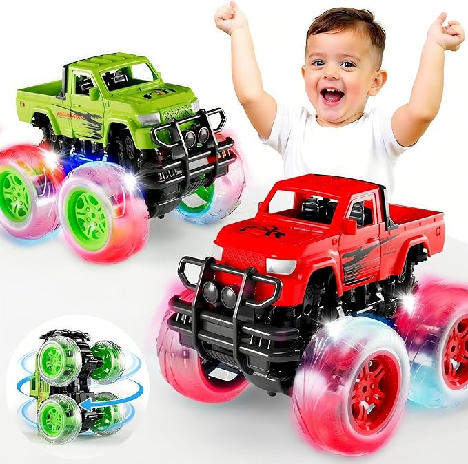 Monster Trucks Toys for Toddlers Boys: Light-up Wheels for Kids Age 2-4 Years Old,Toy Car for Kid Ages 3-5,Boy Cars to 3-6,Toy Truck for Toddler 1-3,Jam Birthday Gift for Children 1-3 (Red and Green)