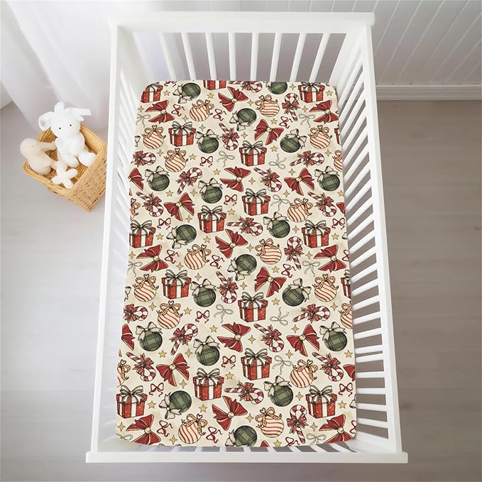 Vintage Christmas Baby Crib Sheets for Boy Girl Cute Christmas Bows Gift Balls Candy Glitter Soft Snug Fitted Crib Mattress Covers for 52x28 Standard Crib & Toddler Mattress Winter Holiday Bed Sheet