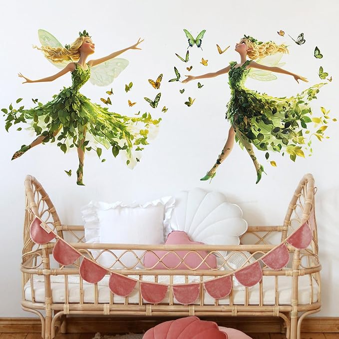 DRWSSR Removable Two Cartoon Green Butterfly Elf Girl Decals Fairy Wall Decals DIY Lovely Dancing Girl Wall Stickers Peel and Stick Butterflies Art for Girls Room Living Room Bedroom Bathroom Decor