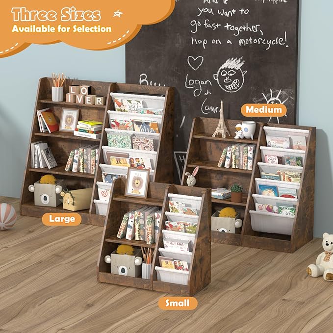 HedoAjim Kids Bookshelf for Bedroom Toddler Child Baby Bookcase 4-Tier for Nursery Book Toy Storage Organizer 6 Sling Adjustable Display Shelf Stand Book Rack Wood Classroom Playroom Rustic Brown