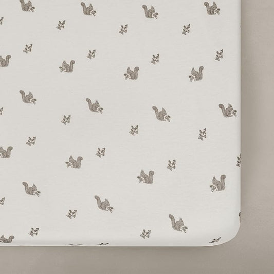 Oilo Crib Sheet, Breathable, Fitted, Organic Cotton Jersey, 300-Thread, Machine Wash, Fits Standard Crib (28" x 52" x 6"), Toddler Bedding, Heirloom Organic Collection, Squirrel