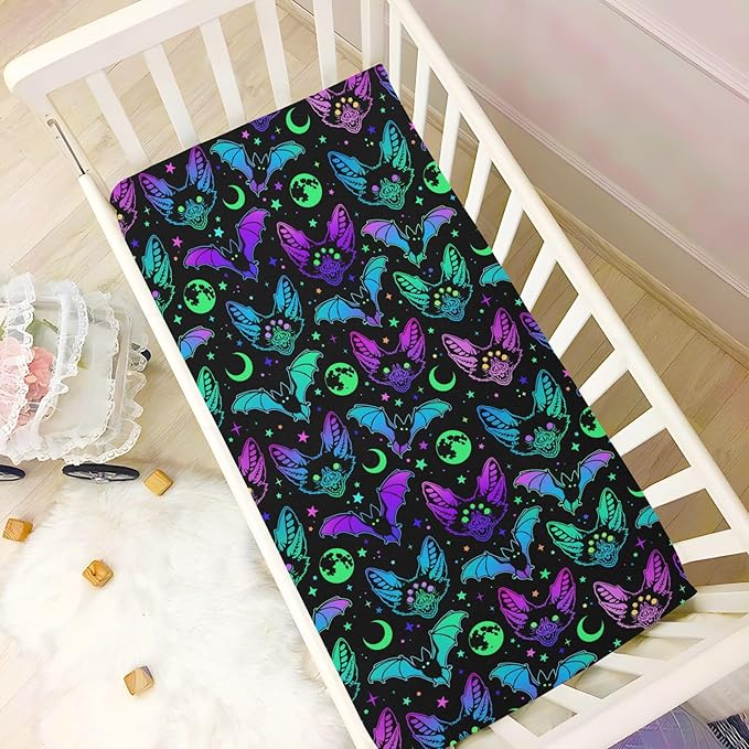 Halloween Bats Crib Sheets Soft Breathable Fitted Baby Playard Sheets Mattress Cover for Girl Boys, 39" x 27" x 5"