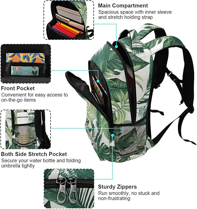MNSRUU Laptop Backpack with Chest Strap, Monstera Pattern School Backpack, Travel Hiking Bag for Boys Girls Teen College Adult, Rucksack Knapsack