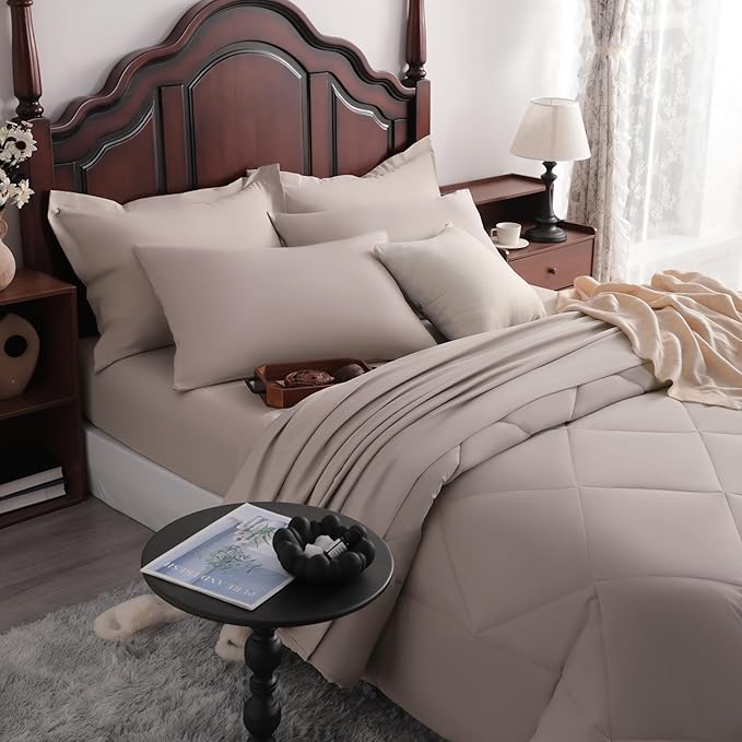 NTBAY Queen Comforter Set with Sheets, 7 Pieces Soft and Breathable Queen Bedding Set, Bed in a Bag, Down Alternative Comforter Set Solid Color All Season, Queen Bedding Set, Taupe