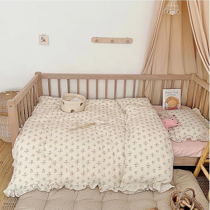 BuLuTu Muslin Cotton Toddler Duvet Cover Soft Double Layers Gauze Bedding Duvet Covers for Toddler Girls Kids Quilt Cover, 47"x59", Azalea Print (No Pillow Cases)