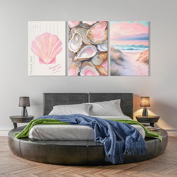 Framed Preppy Coastal Canvas Wall art Pink Beach Daughter Aesthetic Room Wall Decor Shells Oyster Paintings Picture Summer Poster Print for Girls Room Girls Dorm Home Decoration 16'' x 12''