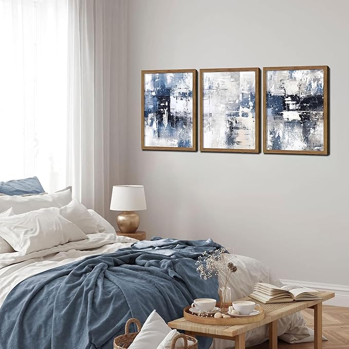 Blue Abstract Wall Art Set of 3, White and Blue Abstract Canvas Wall Decor Paintings, Modern Neutral Minimalist Posters Prints Pictures for Living Room Bedroom Office Home Decor 12x16 Inch Wood Framed