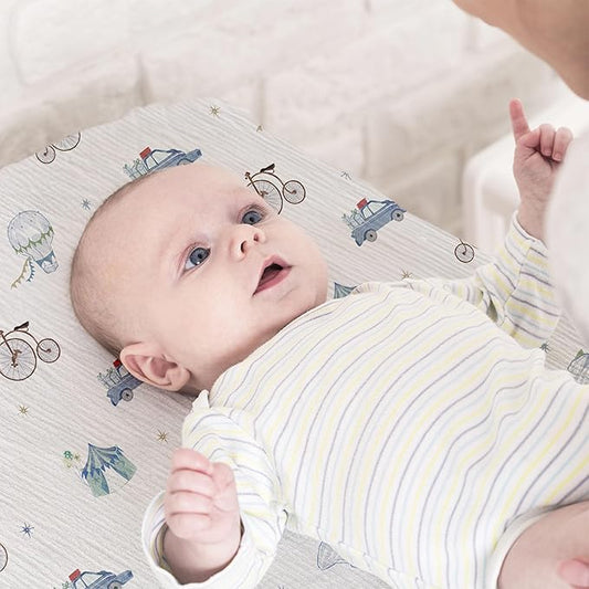Muslin Bassinet Fitted Sheets, 2 Pack for Baby Boy and Girl, Soft Breathable Baby Pad/Mattress Sheet, Fit for Hourglass Oval and Rectangle Bassinet Mattress (Cute Cars)