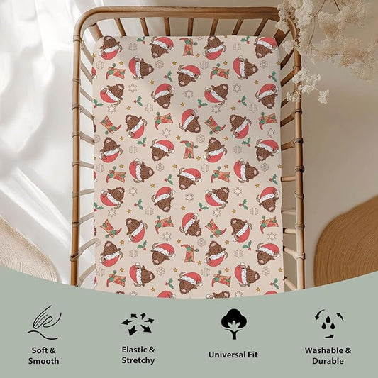 Christmas Highland Cows Baby Crib Sheets for Boy Girl 52x28 Farm Cow Yak Western Boots Snowflakes Soft Fitted Crib Mattress Cover Winter Holiday Baby Sheet for Standard Crib & Toddler Mattress Pad