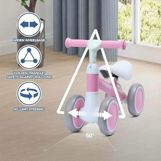COOLBEBE Baby Balance Bike for 1 Year Old Boys Girls Gift, 2 Year Old Toddler Balance Bike with 4 Silent Wheels, One Year Old Birthday Gift Children for 12M-36M Pre-School