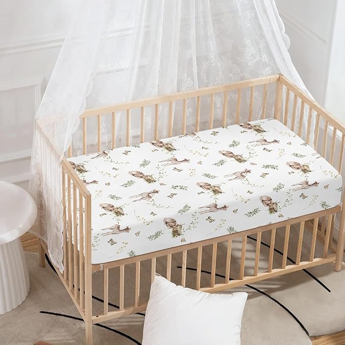 Cute Baby Animals in Wild Fitted Crib Sheet Sika Deer Baby Crib Sheet Fit Standard Crib and Toddler Mattress,Crib Mattress Sheets for Boys Girls 28"x52"