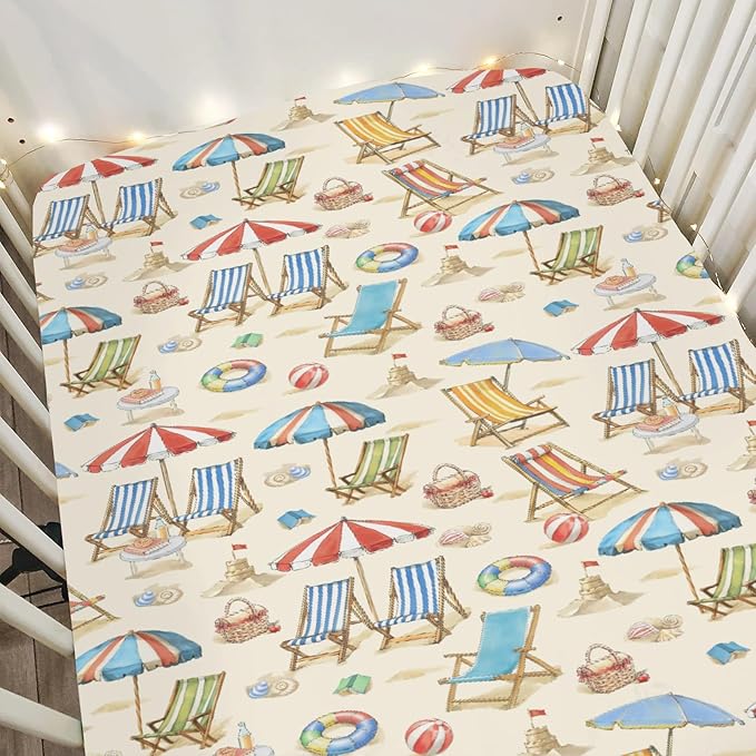 Fun Beach Days Baby Crib Sheets for Boy Girl 52"x28" Umbrella Beach Balls Summer Soft Stretchy Fitted Crib Mattress Cover Seaside Coastal Nursery Baby Sheet for Standard Crib & Toddler Mattress