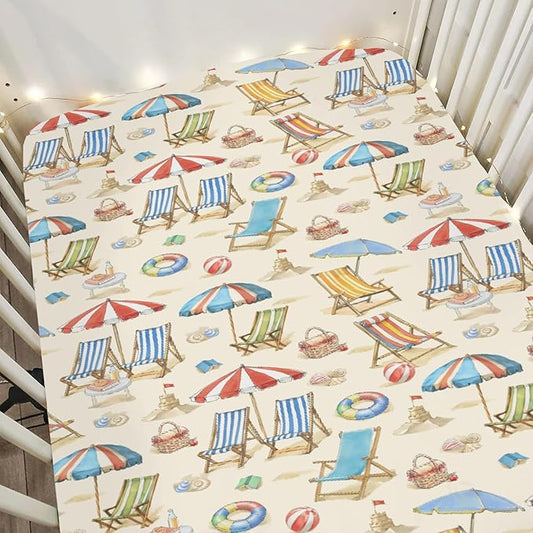 Fun Beach Days Baby Crib Sheets for Boy Girl 52"x28" Umbrella Beach Balls Summer Soft Stretchy Fitted Crib Mattress Cover Seaside Coastal Nursery Baby Sheet for Standard Crib & Toddler Mattress